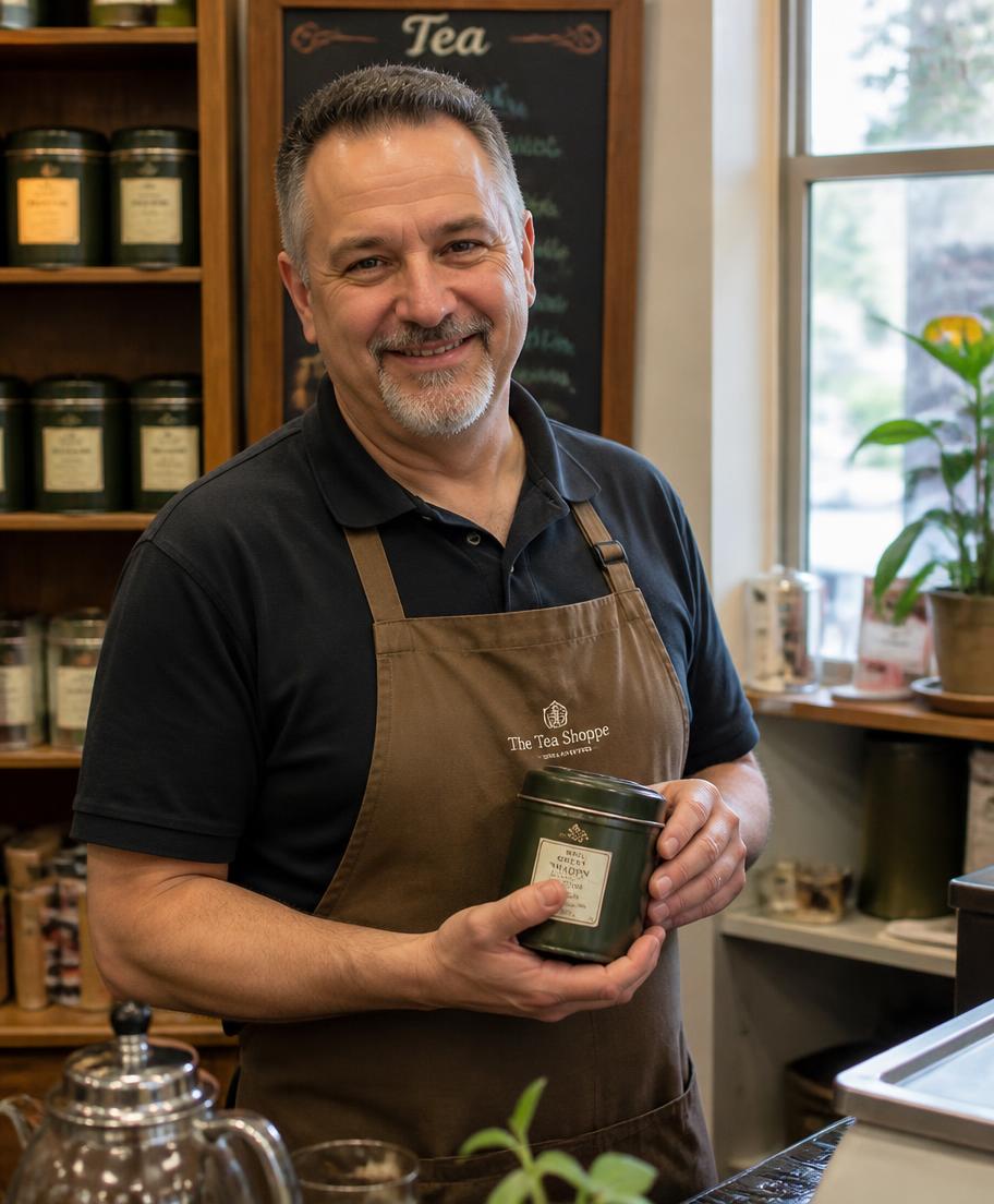 Jeff Lorenzo, owner of Allice Tea Spot, holding a tea tin behind the counter