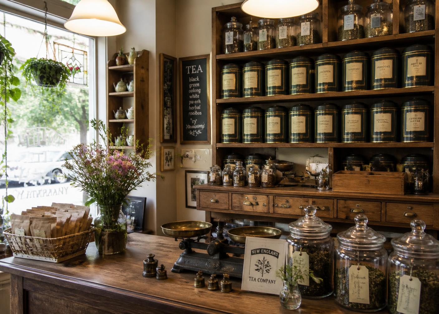 Interior of the Allice Tea Spot shop with tins and apothecary jars on wooden shelves
