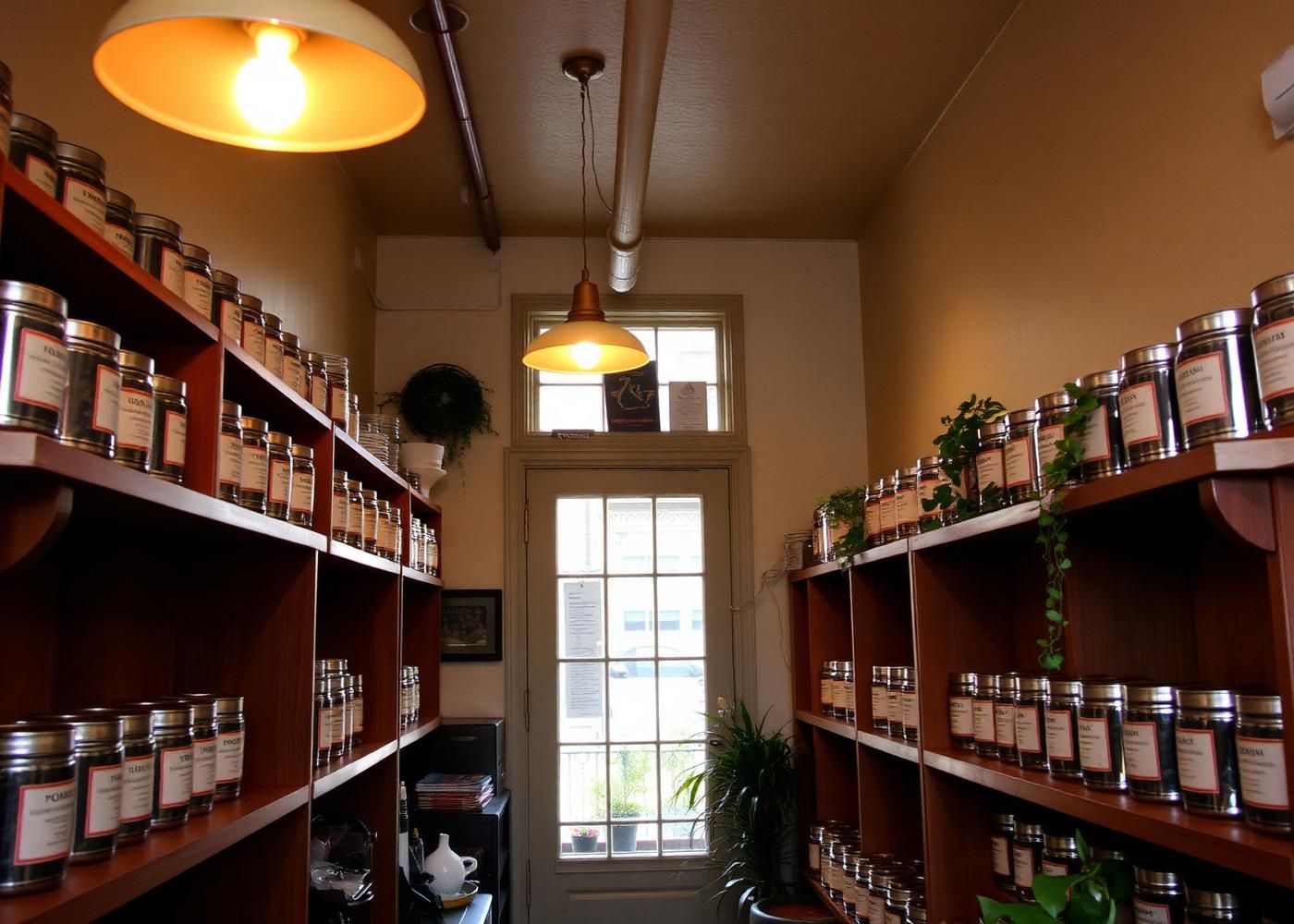Interior of the Wildwood Steep Co. tea shop with tins lining wooden shelves